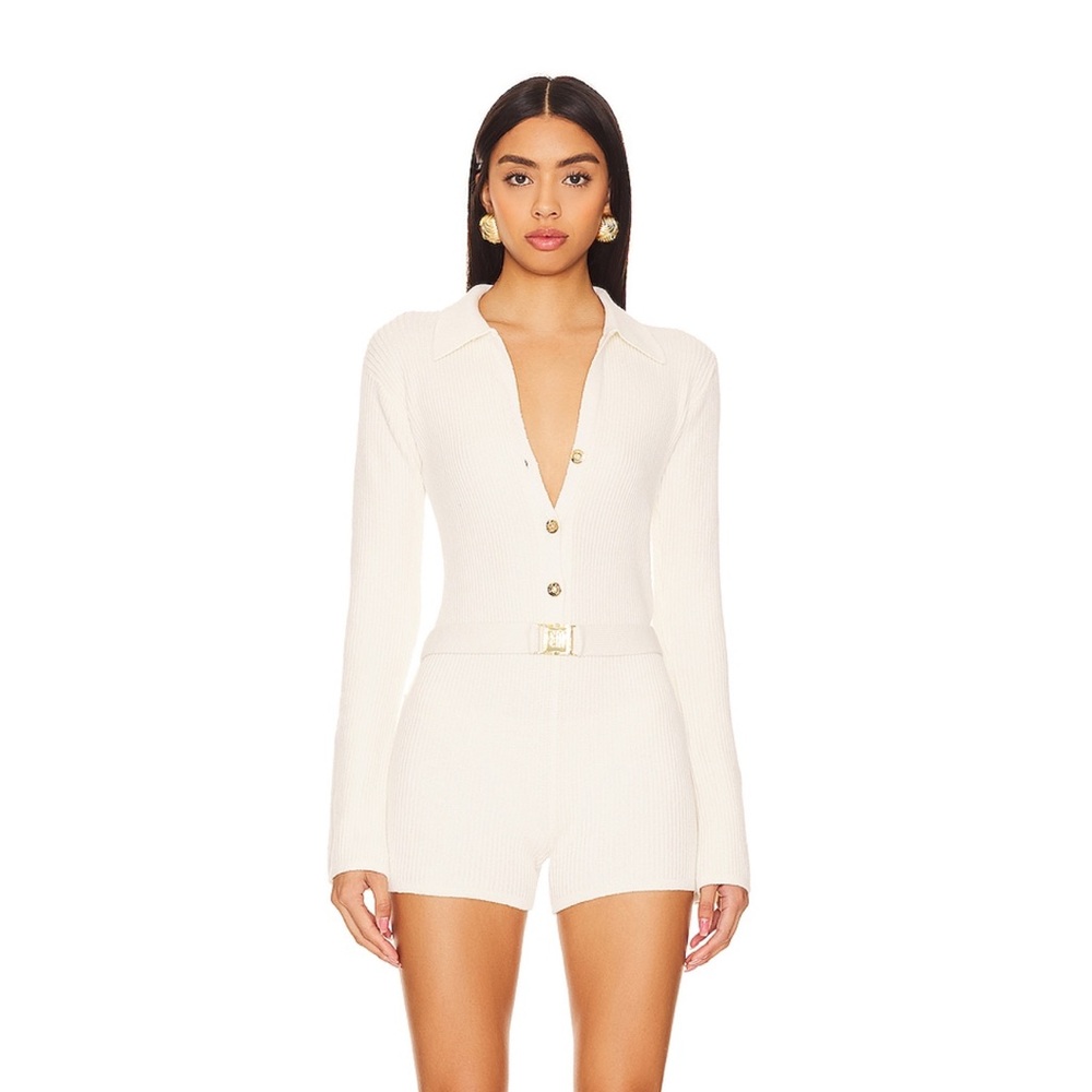 Cream Ribbed Collared Knit Romper - Women's Jumpsuit
